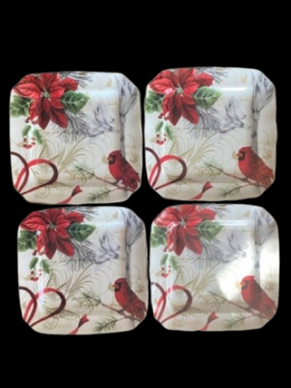 Set of 4 222 Fifth Cardinal Holiday Wishes Bread Appetizer Square Plate Red Bird